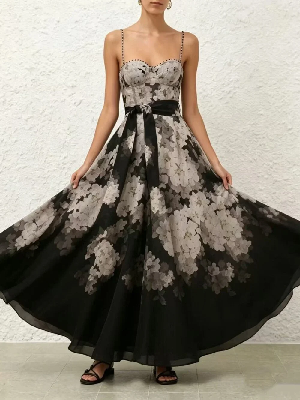 Black Floral Sweetheart Corset Maxi Evening Dress with Sash - Picture 4 of 7